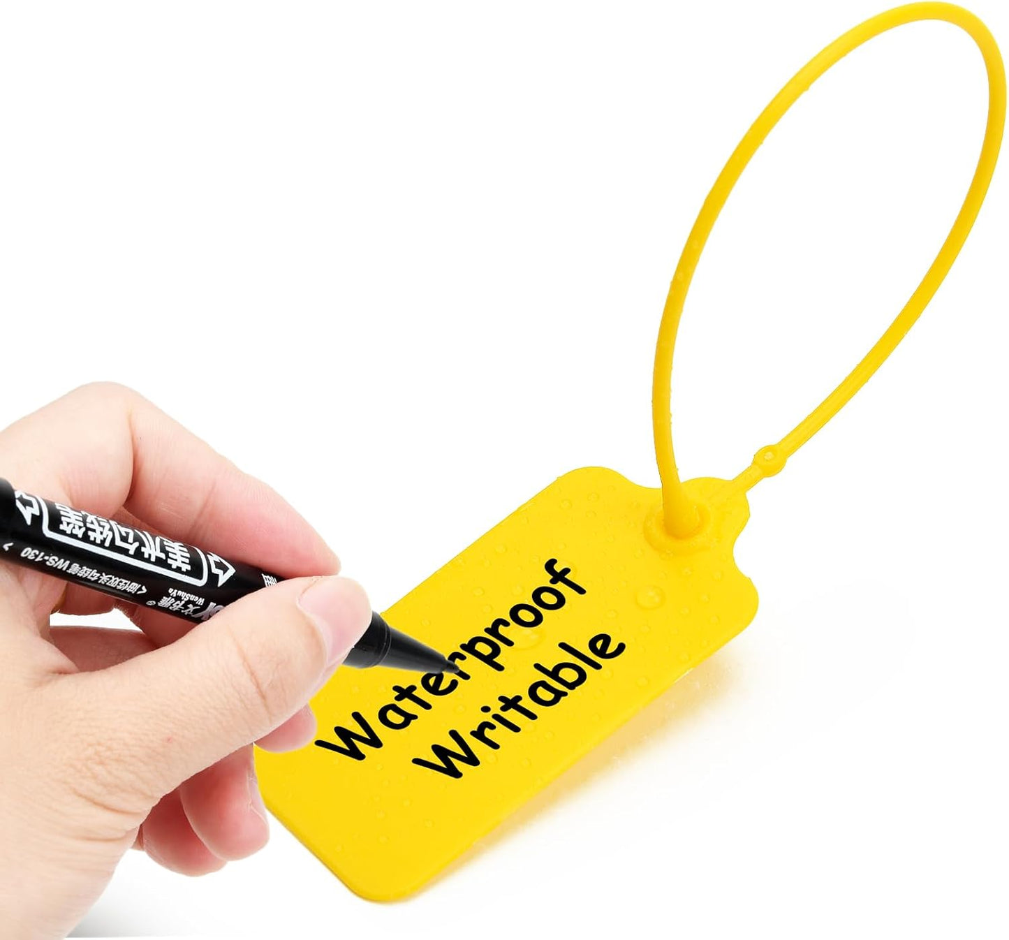 100 Yellow Blank Plastic Tags for Labeling Waterproof Hanging Labels Writable Tags Seal Plastic Marking Label for Clothes Bags Keys Inventory with One Marker Pen