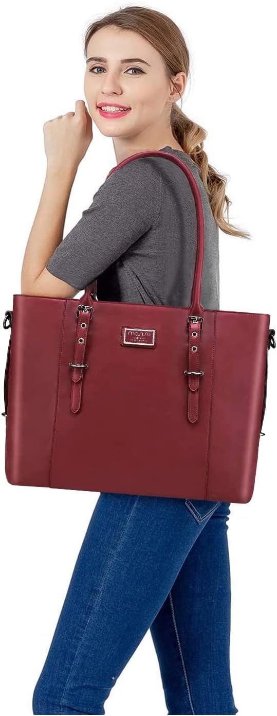 MOSISO PU Leather Laptop Tote Bag for Women, Waterproof Large Capacity Business Work Briefcase Shoulder Laptop Bag