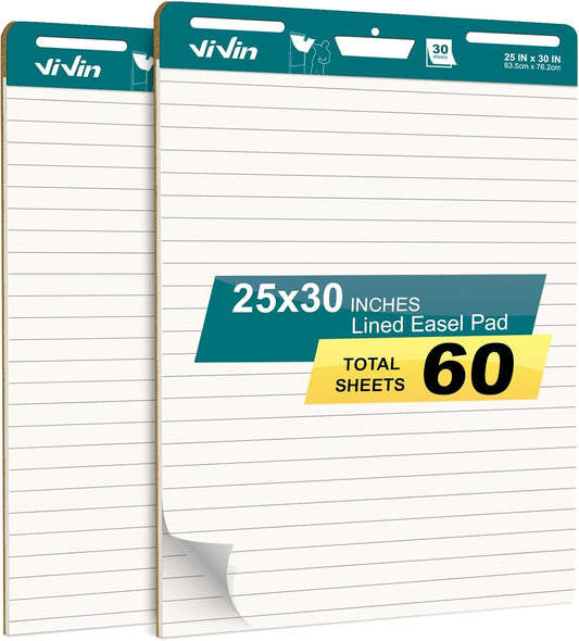 ViVin Lined Sticky Easel Pad, 25 x 30 Inches Flip Chart Paper for Teachers and Students, Large Self Stick Easel Paper, Teacher Anchor Chart, 30 Sheets/Pad, 2 Pads/Pack