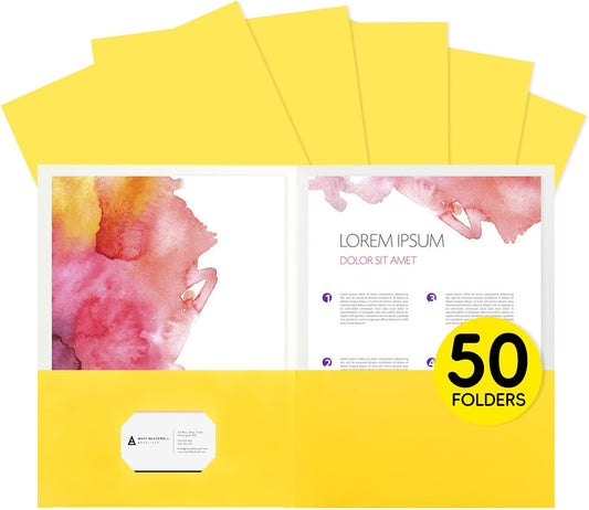 50Pcs Yollow with Pockets -2 Pocket Folders for Documents,Cute Paper Folders for Filing Cabinet,School,Office,Resume Portfolio