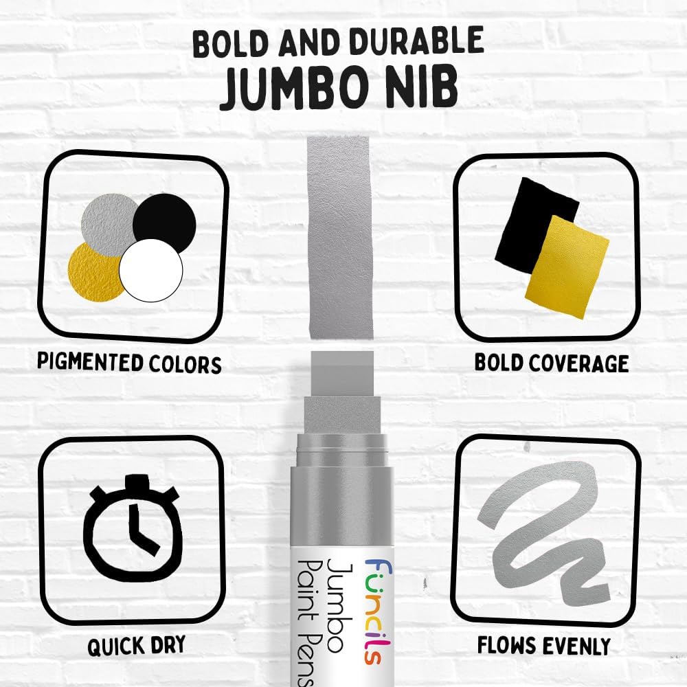 4 Jumbo Poster Markers (15mm, White, Black, Gold & Silver) | Fat Acrylic Paint Markers for Wood, Glass, Metal, Walls, Fabric - Large Thick Permanent Paint Pens for Signs, Board, Teachers