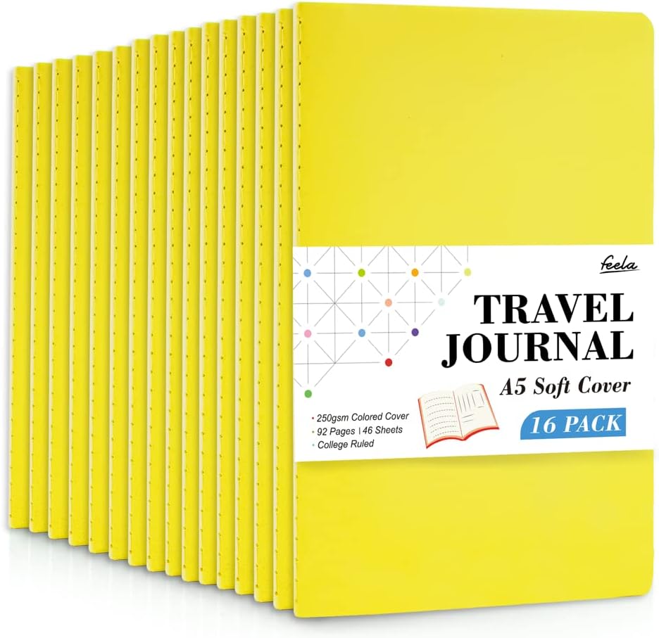 16 Pack Soft Cover Journal Bulk, Feela Lined Notebooks College Ruled for Work for Women Girl Writing, Blank Travel Journal Note Taking Notebook School Business Supplies, 8.2” x 5.5”, A5, Lemon Yellow