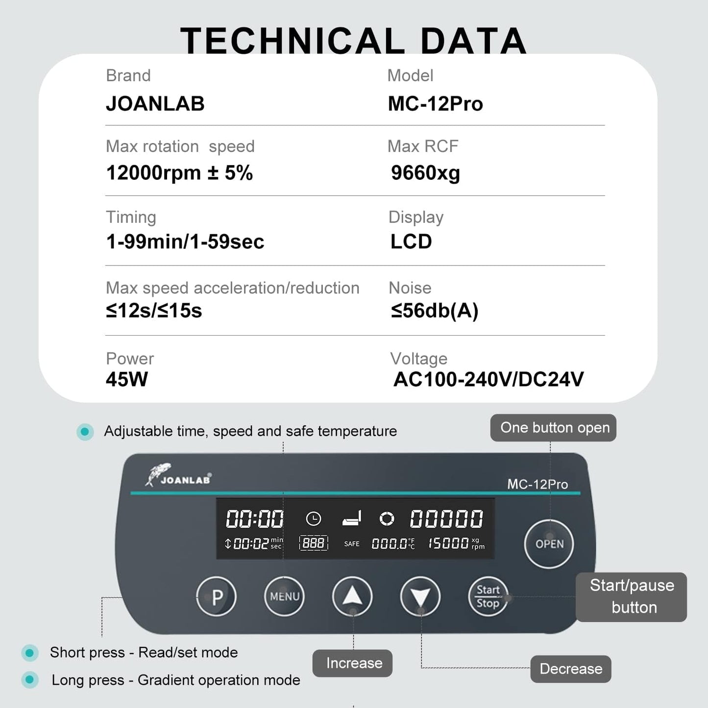 Lab High Speed Centrifuge Machine Bechtop Microcentrifuges 3 in 1 Rotor for 0.2/0.5/1.5/2mL Tube Capacity (12000RPM)