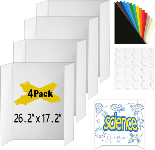 4 Pcs Medium Trifold Poster Board, 26.2" x 17.2" Presentation Board, with Double Sided Tapes and Cardboard, White Corrugated Project Boards/Science Fair/Trifold Display Board for School Project