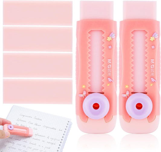 M&G 2+4 Pack Rubber Erasers Sliding Retractable Eraser, 2 Pack Cute Erasers Push Pull Large Pencil Eraser with Plastic Sleeve and 4 Refill Erasers for Students, School Office Supplies (Pink Unicorn)