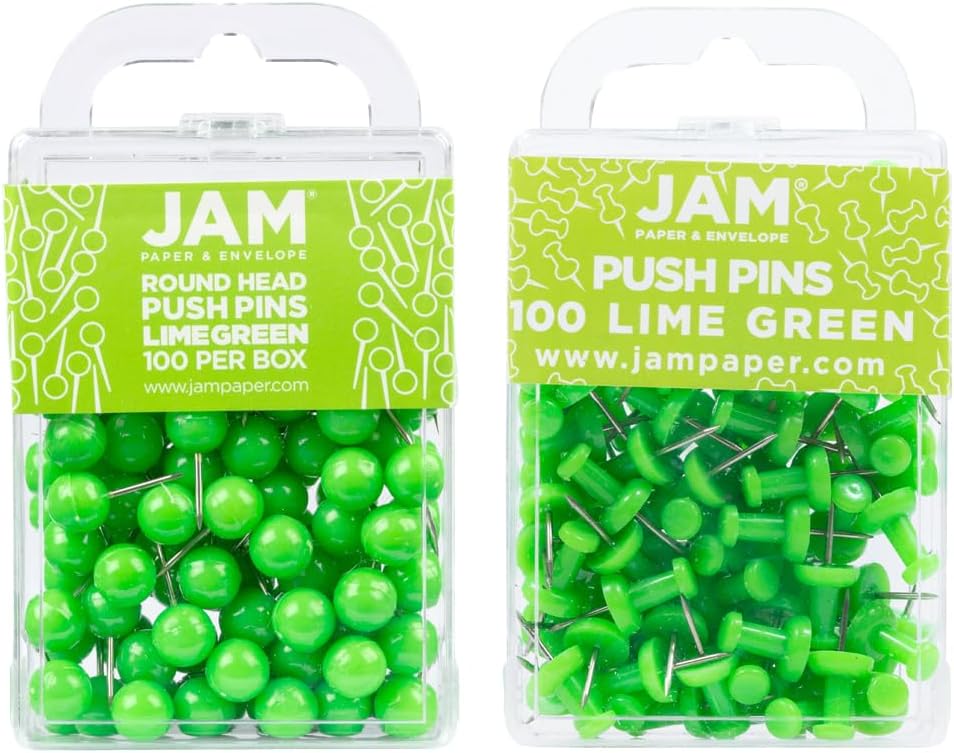 JAM PAPER Colorful Push Pins - Flat & Round Head Thumb Tack Combo Set - Lime Green Pushpins - 200/Pack