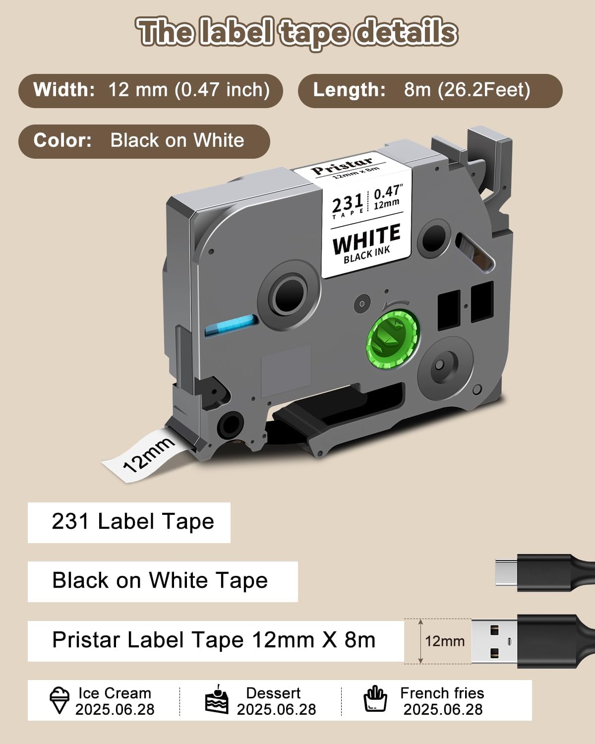 Tze-231 12mm 0.47 Laminated White Tape Replace for Brother P Touch Label Tape Compatible with Brother Label Maker PTouch H110 D220 D600 D410 D210 D200 D400 P700 1280 1880, TZe Label Tape 1/2 Inch 3pk