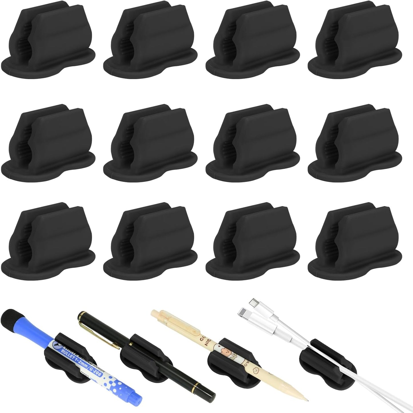 Adhesive Pen Pencil Holder for Desk Wall, 12PCS Marker Holder for Whiteboard Silicone Pen Holder for Clipboard Office Essentials Teacher Supplies (12PCS Black)