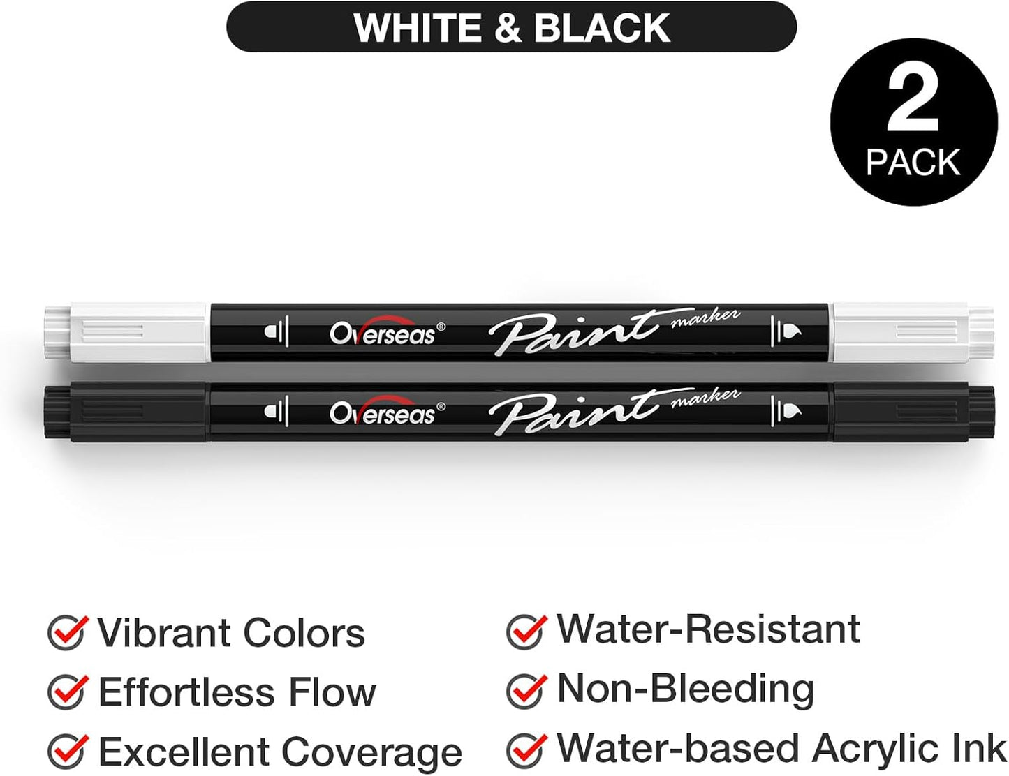 Overseas White and Black Acrylic Paint Markers, 2 Dual Tip Paint Pens Acrylic Markers with Dot and Brush Tip, Coloring Marker for Wood, Rock, Canvas, Glass, Metal, Plastic, Fabric, School Supplies
