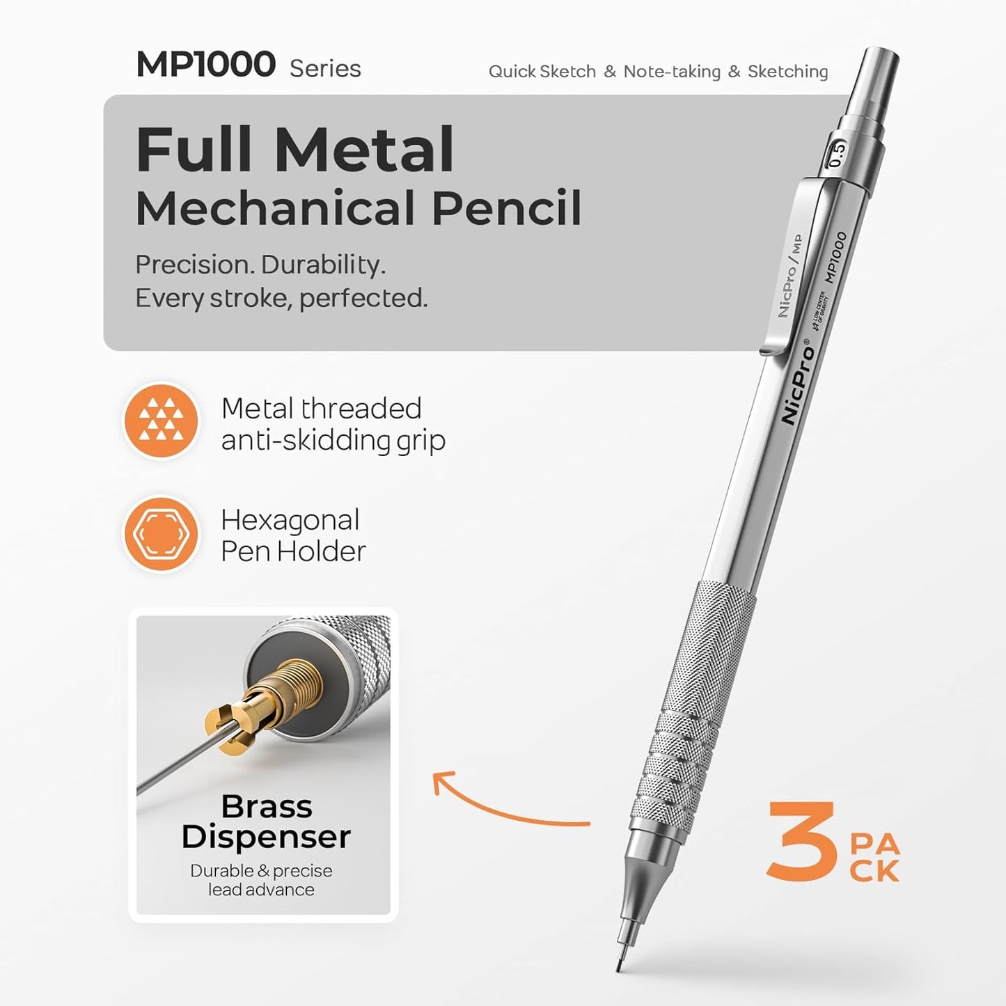 Nicpro 0.5 Mechanical Pencil Set with Case, 3PCS MP1000 Metal Artist Pencil & 8 Tube HB Lead Refills 0.5mm, 3 Erasers,9 Eraser Refills For Architect Writing Drafting, Drawing, Engineering, Sketching