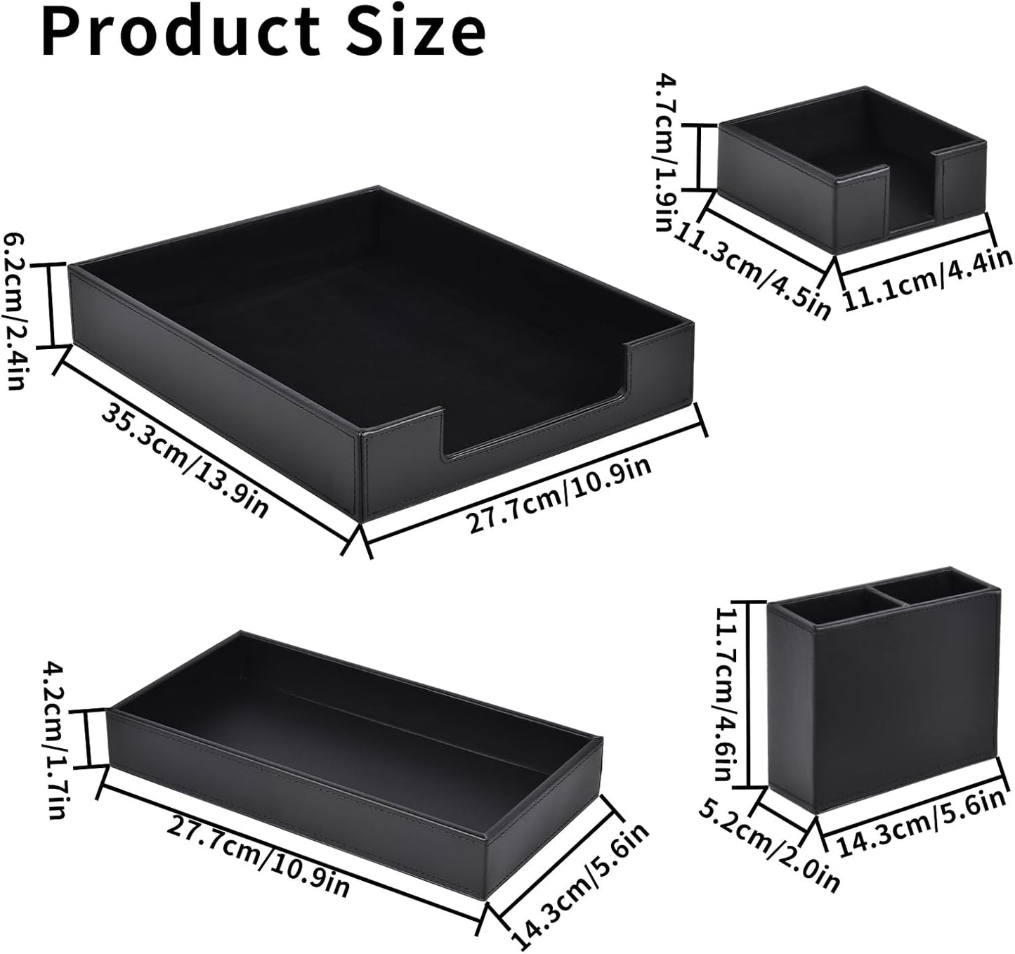 4 Pack Leather Office Supplies/Desk Organizer for Letter Paper Tray,Sticky Note Holder,Pen Cup,Stackable Small Letter Mail Sorter Tray,Workspace Decor for Women Men (Black, 4-piece set)
