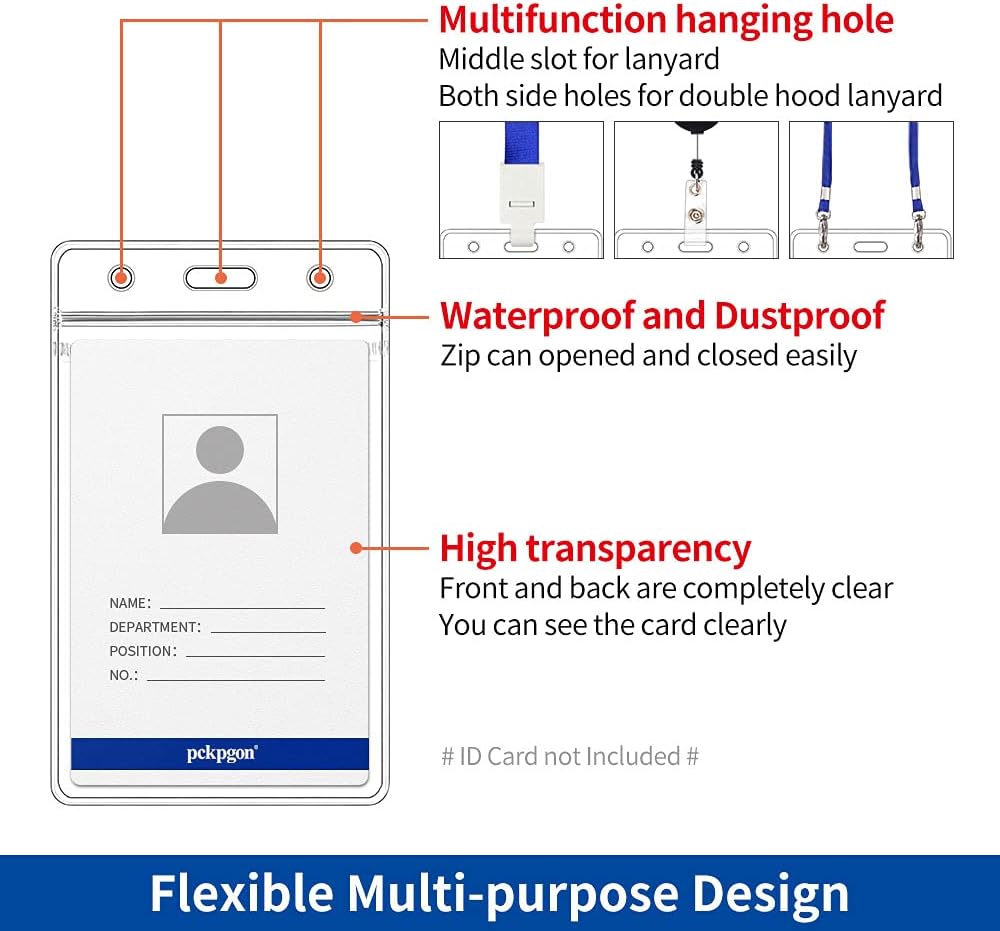 Vertical ID Badge Holders, 10 Pack, Clear Plastic Work Card Sleeve, Name Tag Holder Cover with Waterproof Resealable Zip Type for Nurses, Women, Medical Assistant, Fits Credit Size Cards
