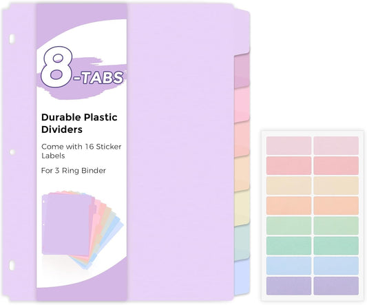 SKYDUE Durable Plastic 8-Tab Dividers, Big Tab Dividers for 3 Ring Binder, Write&Erase 3 Ring Binder Dividers with Tabs,with Sticker Labels, 1 Set, Pastel Color (Purple)