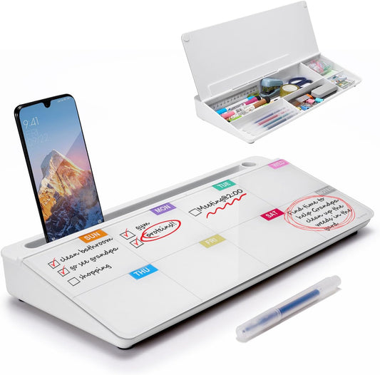 TSJ OFFICE Whiteboard Weekly Dry-Erase-Board - Desktop White Board Calendar Desk Organizers with Accessories Computer Keyboard Stand with Drawer, for Office, Home, School Supplies