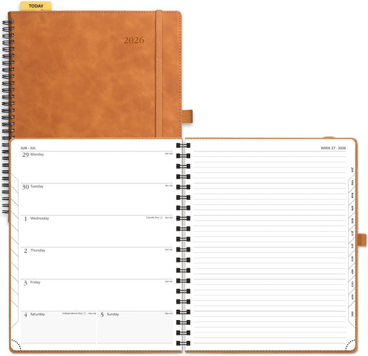 POPRUN 2026 Planner Weekly Notebook Calendar (Jan-Dec), Large Size 8.5'' x 10.5'' - Agenda 2026 Appointment Book with Monthly Tabs, Inner Pocket, Spiral Soft Cover, 100 GSM - Brown