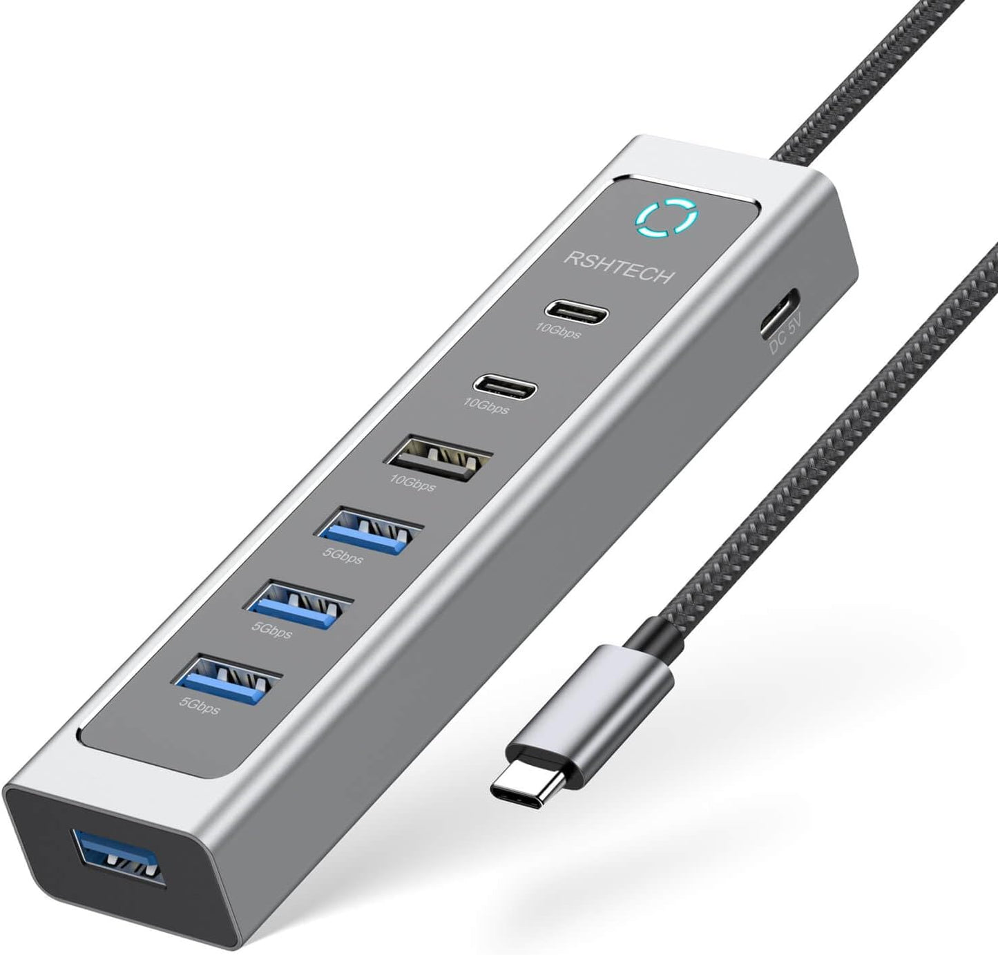 RSHTECH 7-Port USB C Hub Splitter 10Gbps with 3 USB-3.2 (2C + 1A), 4 USB-3.0 Ports and 2ft Long Cable, Aluminum USB-C Hub Multiport Adapters for Laptop and More, RSH-T17C