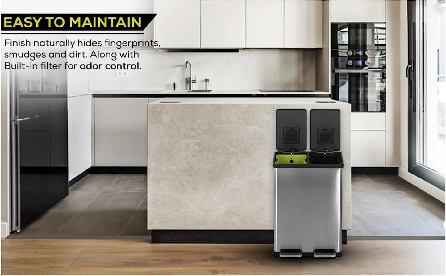 SIMPLI-MAGIC 16 Gallon (38L x 22L) Dual Compartment Step Trash Can – Kitchen Garbage Can with Waste & Recycling Bins – Slow-Close Lid, Odor Control, Hands-Free, Inner Bases, Brushed Stainless Steel