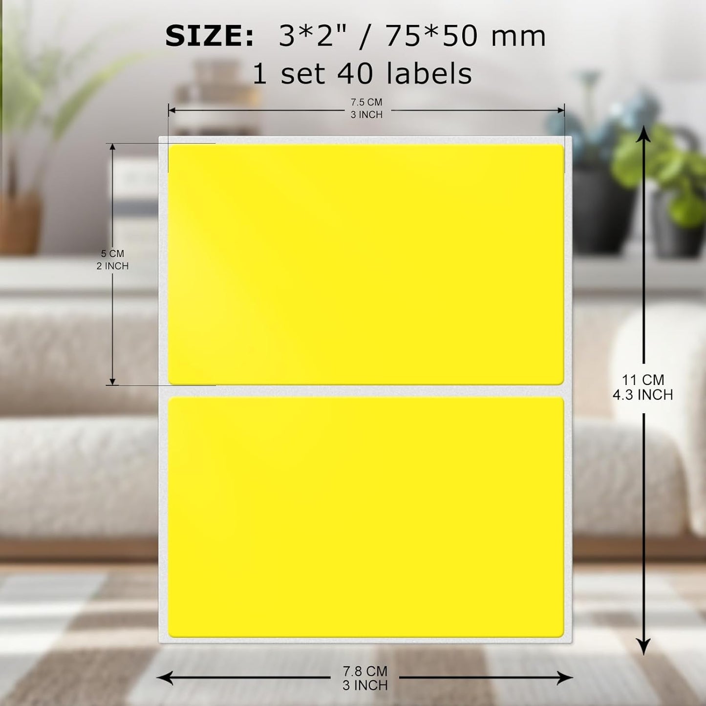 Rectangle Label Stickers 3×2 Inch Vinyl Removable Yellow Sticker Waterproof Writable File Folder Moving Labels for Boxes Home Office Labeling 40 PCS
