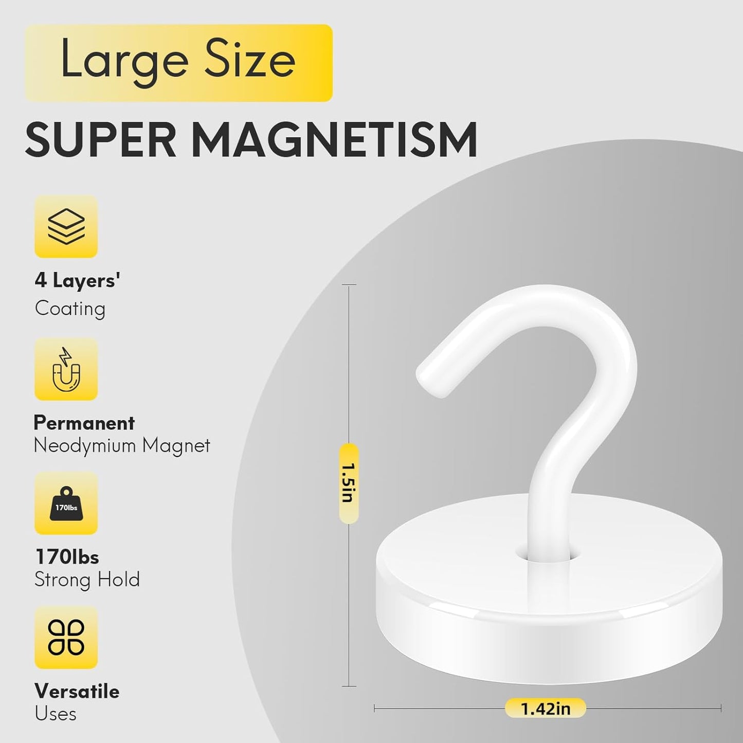 Neosmuk Magnetic Hooks, Heavy Duty 170lb Strong Magnets for Cruise Cabins, Ship Essentials, Large Metal Hooks for Hanging on Fridge(White,Pack of 4)