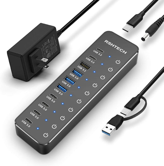 RSHTECH 10 Ports Powered USB 3.2/USB C Hub Splitter 60W with 3 x 10Gbps USB 3.2 Ports (2C + 1A),7 x USB 3.0 Ports (4C +3A), 3.3ft Cable and Individual Touch Switches for Laptop PC