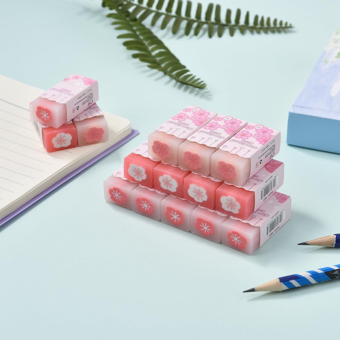 18 Pack Sakura Jelly Erasers for Kids, Pink, Rectangular, Rubber & Plastic, Kawaii School Supplies Prize Gifts Party Favors