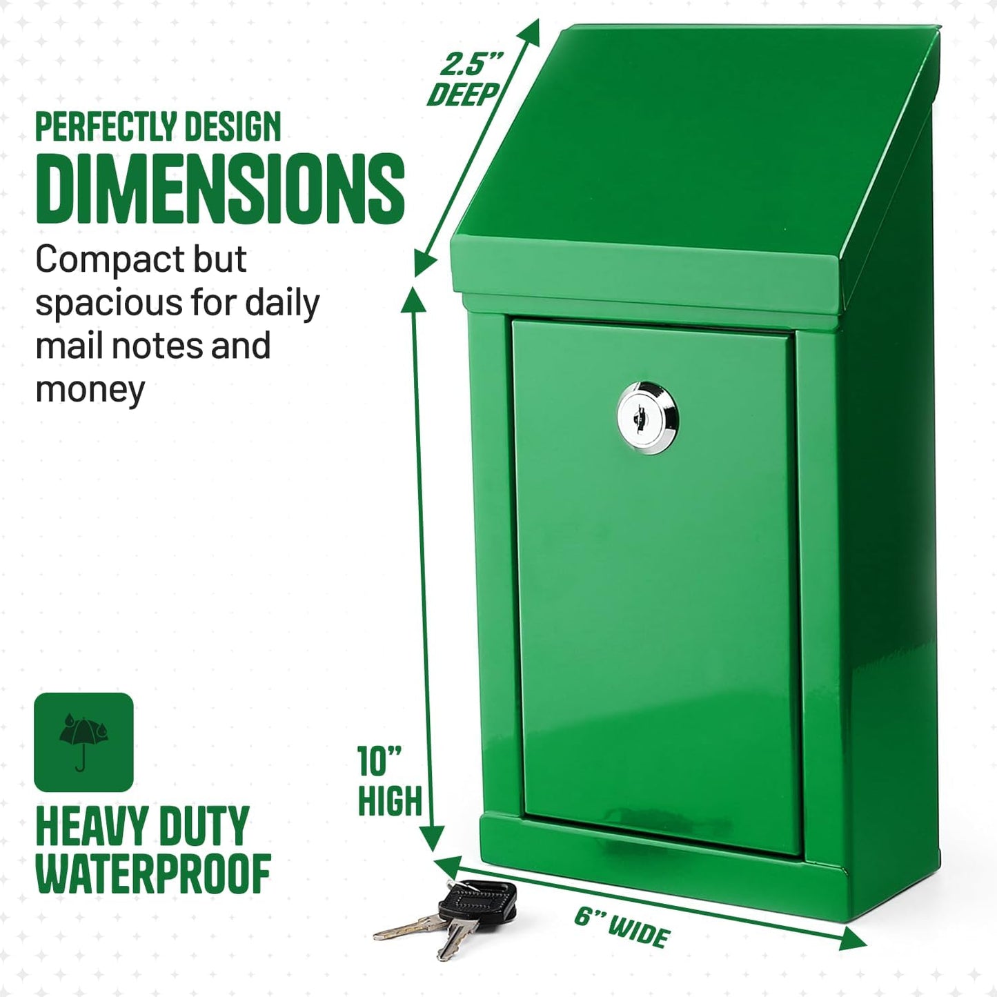 Metal Donation Box-Suggestion Box with Slot and lock-Cash Lock box for Money-Waterproof Drop Box-Comment and ballot voting box-comes with pre-drilled holes for easy wall mounting 10 X 6 X 2.5"(Green)