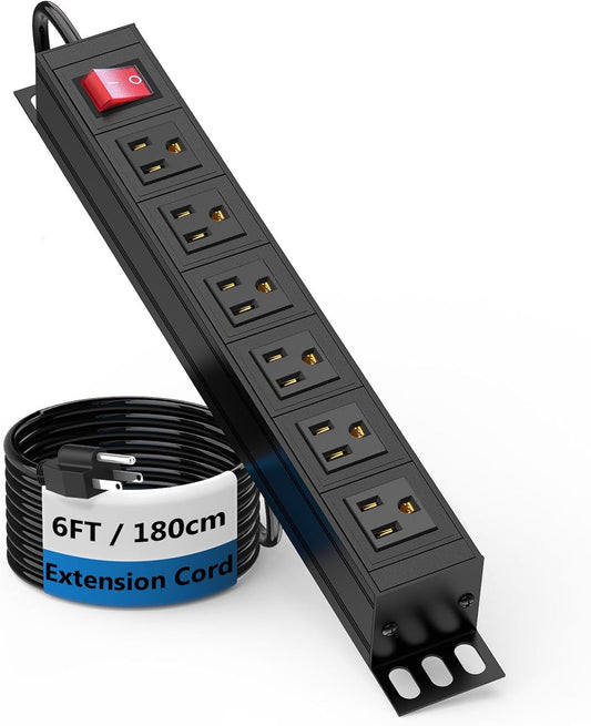 BTU 6 Outlet Power Strip, Metal Mountable Power Strip Surge Protector, Heavy Duty Wall Mount Power Outlet for Commercial, Industrial, Workshop, 6FT Power Cord, 15A/125V 1875W (Black 6FT)