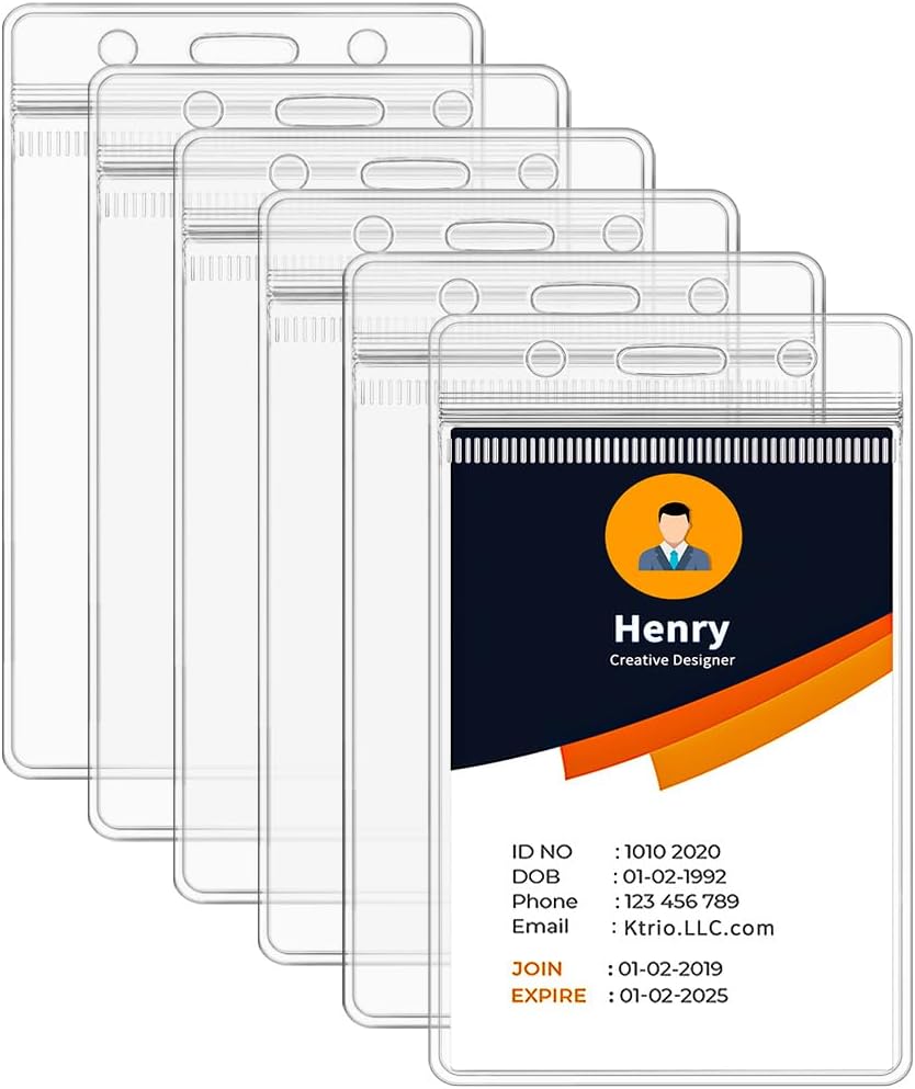6 Pack ID Badge Holder - Vertical Badge Holder, 2.25" x 3.5" Clear Cards Holders for Lanyard, Plastic Sealable Waterproof, Name Tag Holder for Nurses, Office, and School