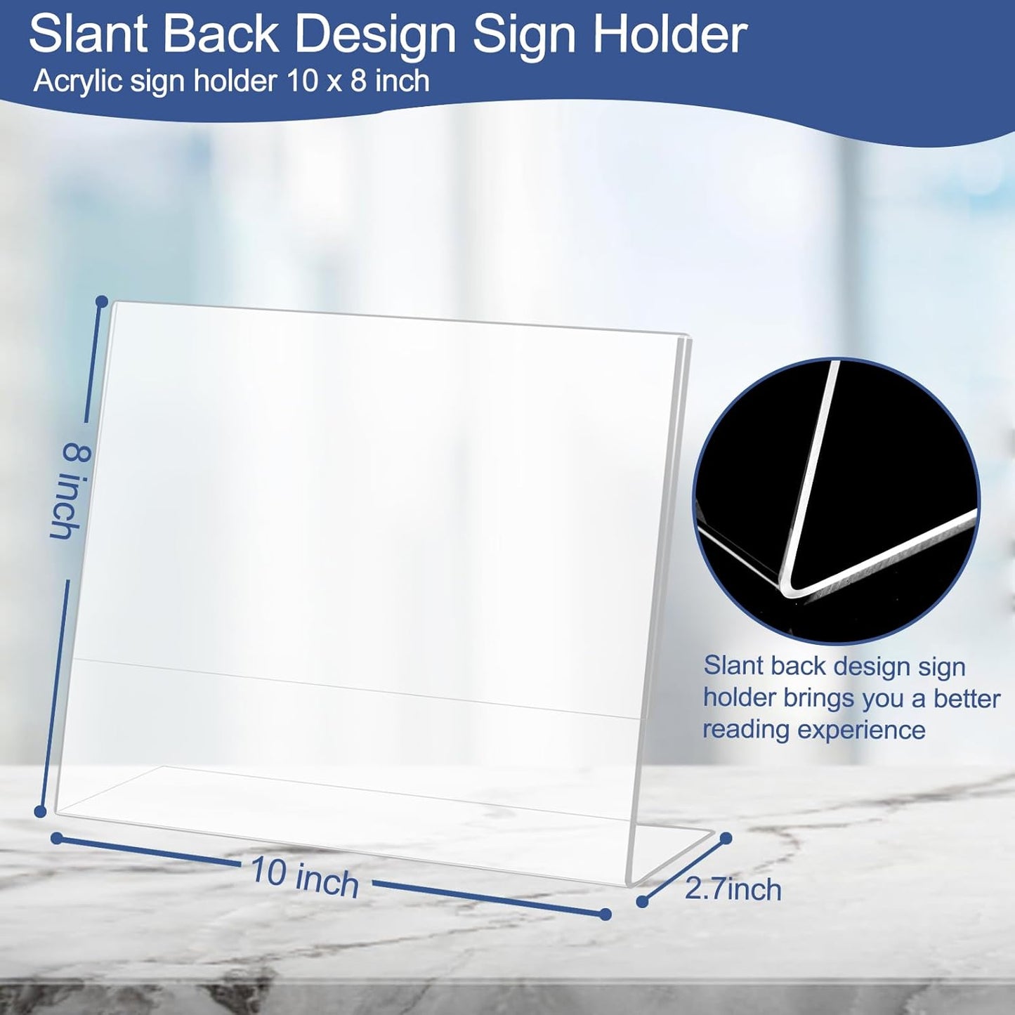 Slanted Back Acrylic Sign Holder 8 x 10 Horizontal, Acrylic Stands for Display 10 x 8, Clear Tabletop Plastic Paper Sign Holder for Office, Home, Restaurant (6 Pack 10x8 Inches)