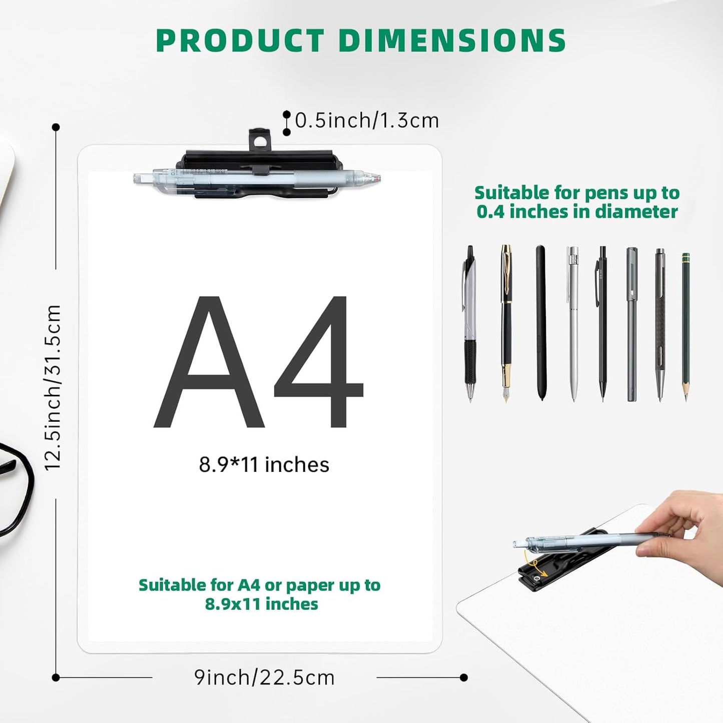 White Clipboard with Pen Holder, Set of 6 Plastic Clipboard with Low Profile Metal Clip, Hanging Clipboards Holds 8.5x11 Inch Papers, Standard A4 Letter Size Clip Boards for Office & School