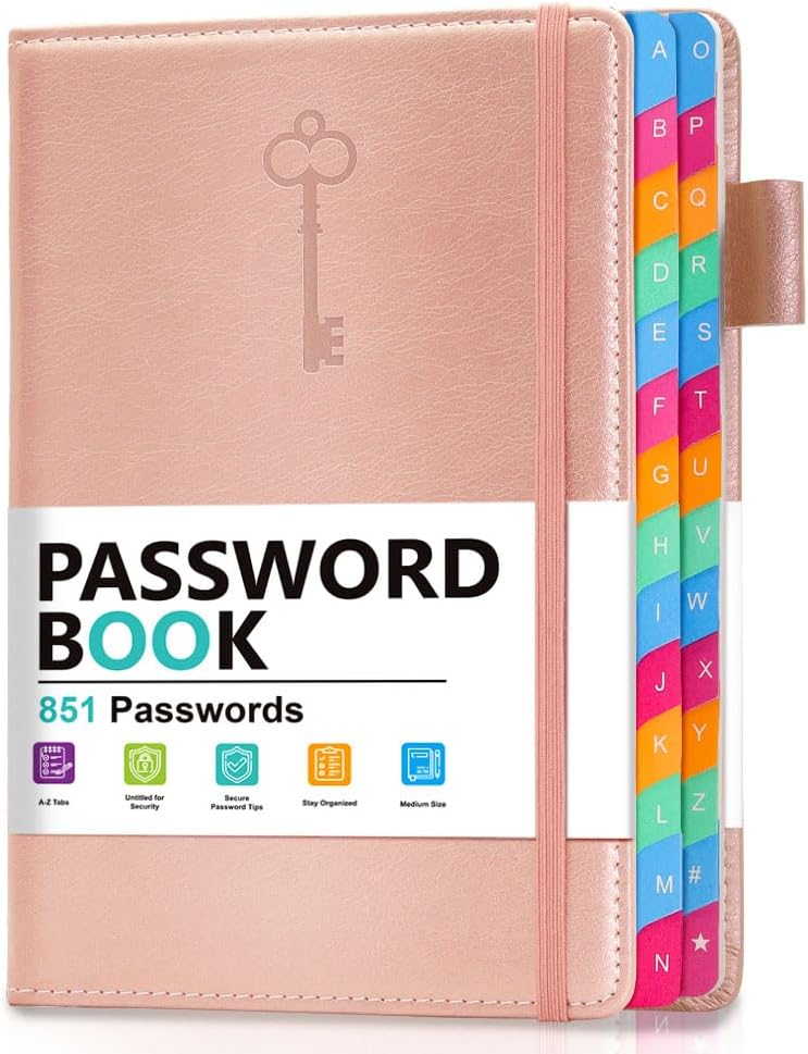 Password Keeper Book with Colorful Alphabetical Tabs, Hardcover Password Log-book for Internet Password and Website Address, 5.8"×8.4" Password Notebook for Home Office (Rose Gold)