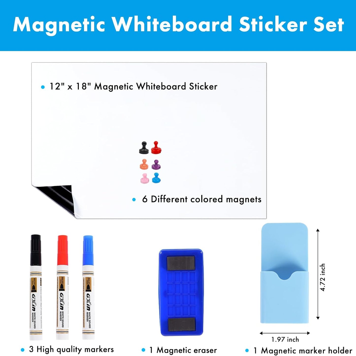 HAMIGAR Magnetic Whiteboard Contact Paper Dry Erase White Board Sticker for Wall Stick on White Board Peel and Stick Wallpaper Adhesive Small Poster 12" x 18" with Marker, Magnetic Eraser and Magnets