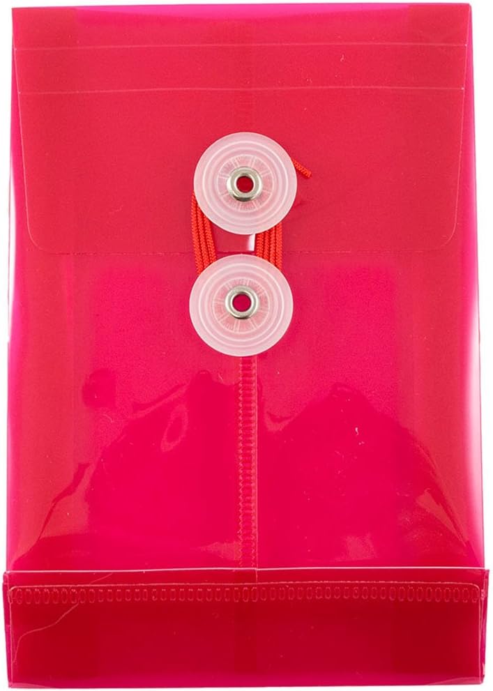JAM PAPER Plastic Envelopes with Button & String Tie Closure - 4 1/4 x 6 1/4 - Pink - 12/Pack
