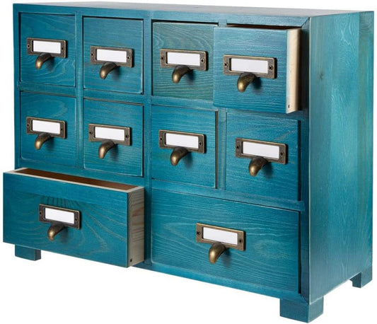 Apothecary Cabinet with 10 Drawers & Labels Rustic Library Card Catalog Cabinet Desktop Wooden Storage Box for Organize Herbal、Tea Bag、Jewelry (Blue)