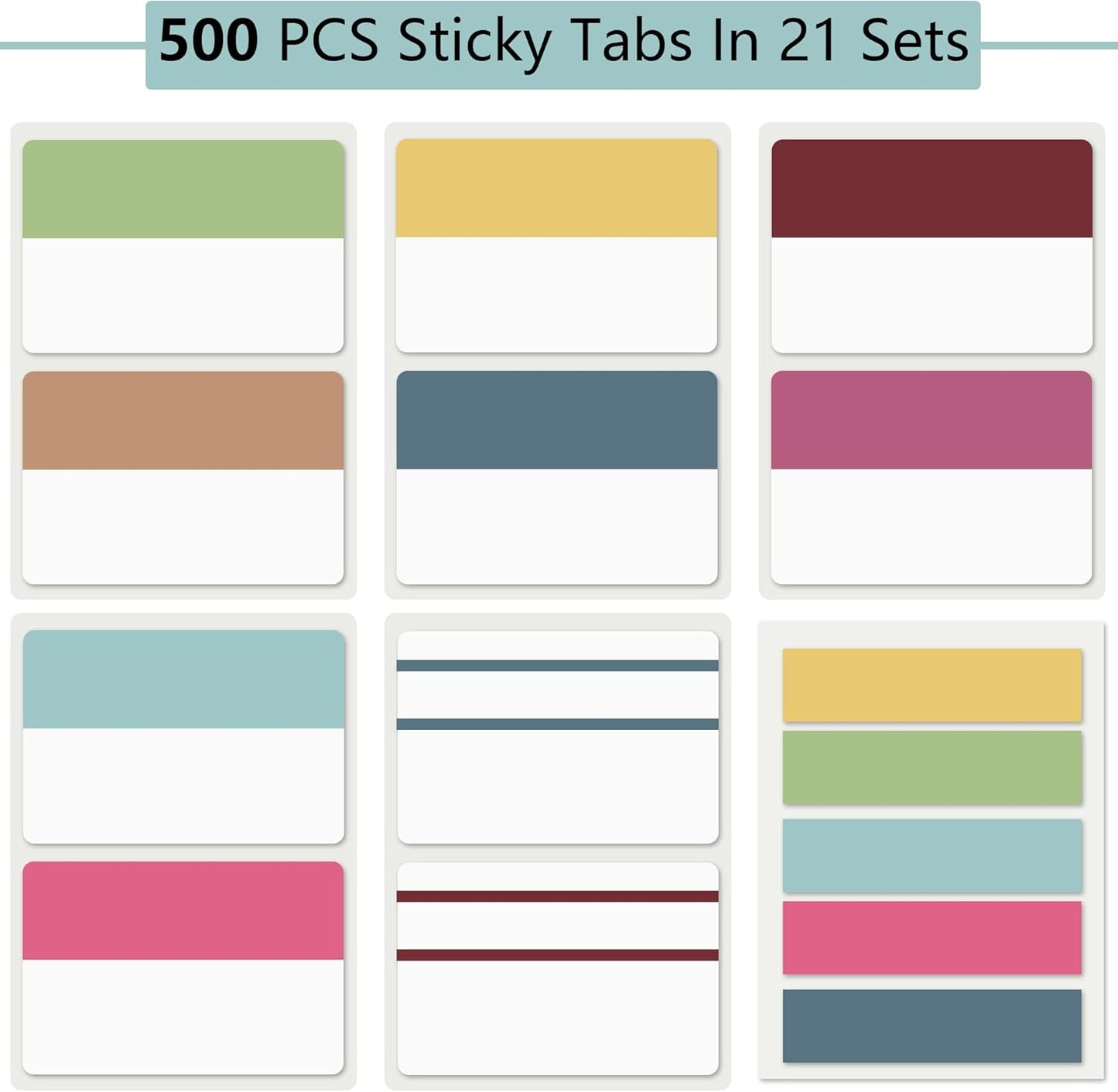 ELII 500 PCS Sticky Tabs 2 Inch Index Tabs, Colored Page Markers Repositionable Tags Reading Tabs Self Adhesive Tape Flags for Books, Binders, Notebook and File Folders