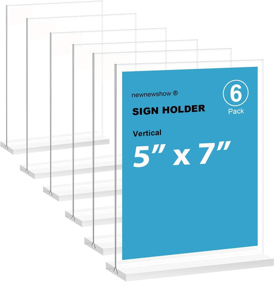 newnewshow 5“x7” Acrylic Sign Holder 6 Pack Vertical T Shape Double-Sided Desktop Display Holder