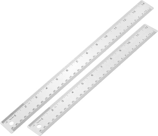 PATIKIL 12, 14 Inch Stainless Steel Straight Edge Ruler, 2 Pcs Cork Backing Non-Slip Metal Ruler with Inches Centimeter Metric Measuring Tools for Office