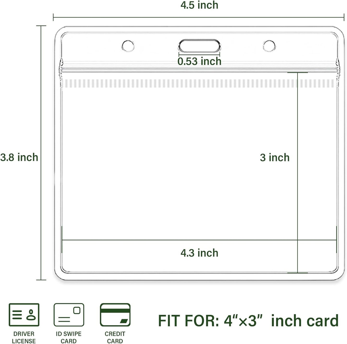 4x3 Inch Horizontal Badge Holder, Clear Plastic ID Card Protector with Waterproof Resealable Zip Type, Badge Sleeve Fits Name Tag Holder/RFID/Proximity/Credit Card (100PCS)