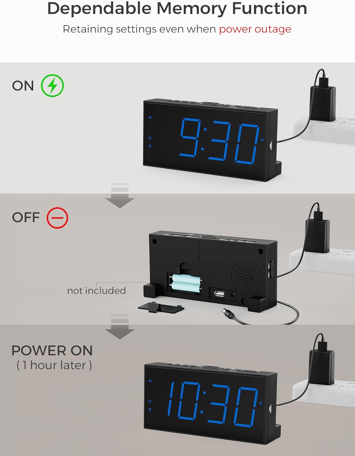 Digital Dual Alarm Clock for Bedroom, Large Display Bedside with Battery Backup, USB Phone Charger, Volume, Dimmer, Easy to Set Loud LED Heavy Sleepers Kid Senior Teen Boy Girl Kitchen