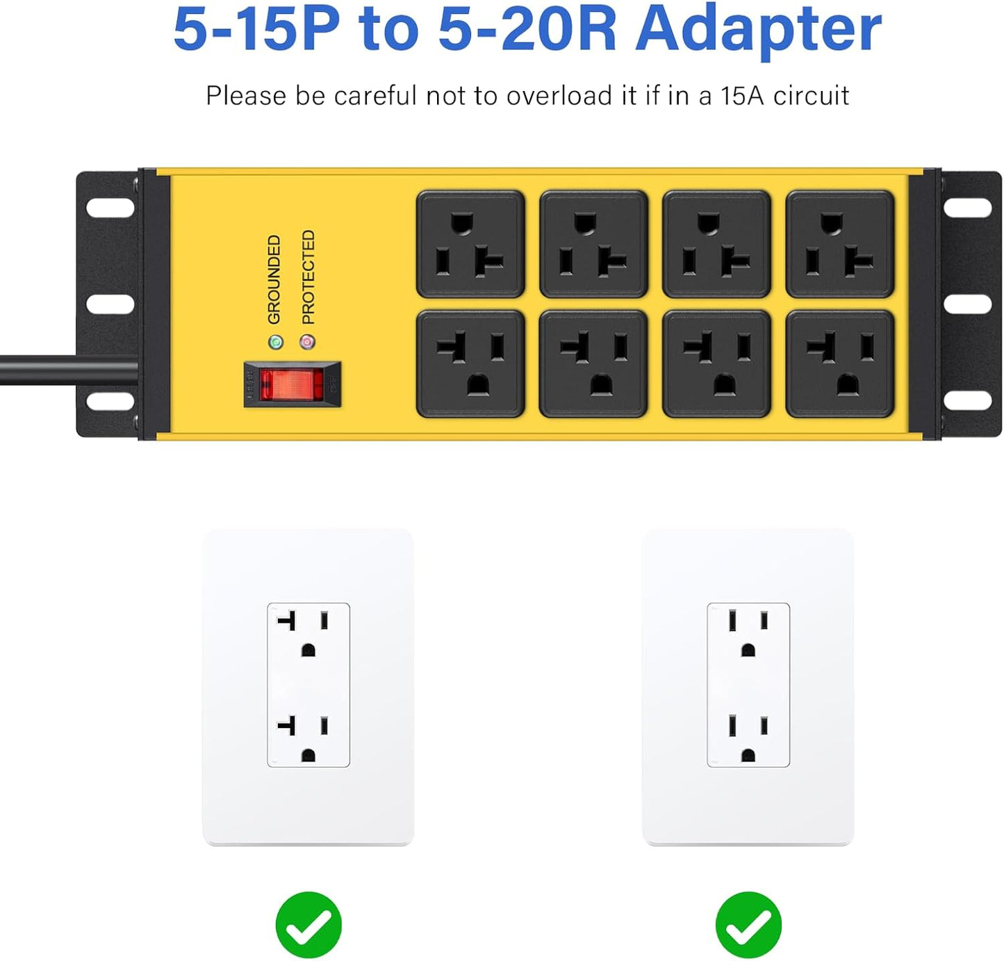 CCCEI Magnetic Heavy Duty Power Strip Surge Protector 20Amp, 12 Gauge High Amp Extension Outlets, Garage Wall Mount 8 Plug Metal Power Strip. 25FT, Yellow, 5-15P Adapter 6-20R T-Slot 20a for Appliance