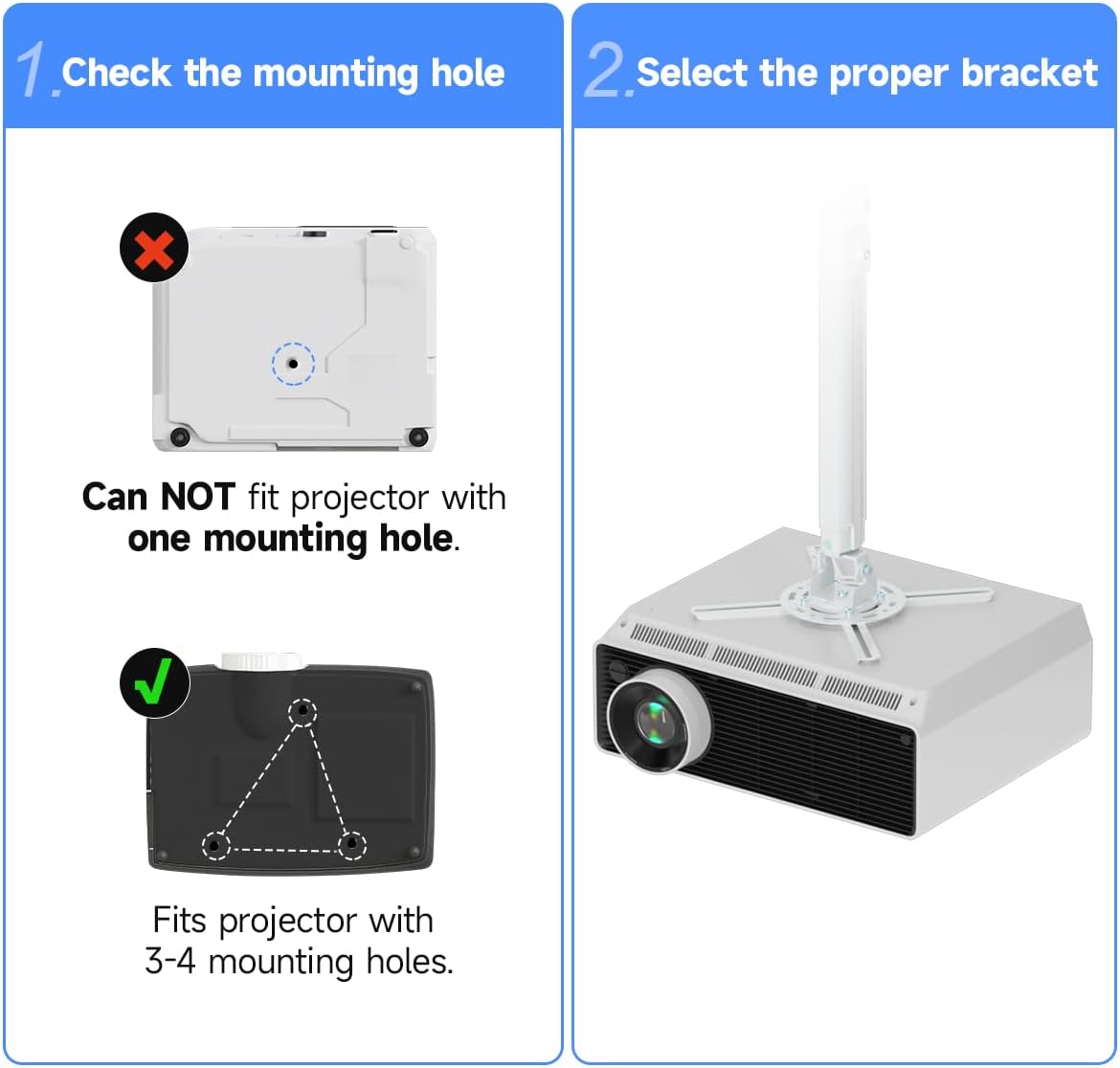 suptek White Projector Ceiling Mount Bracket Fits Flat or Sloped Ceiling Height Adjustable with Extendable Length for LCD/DLP Projectors (PR05)