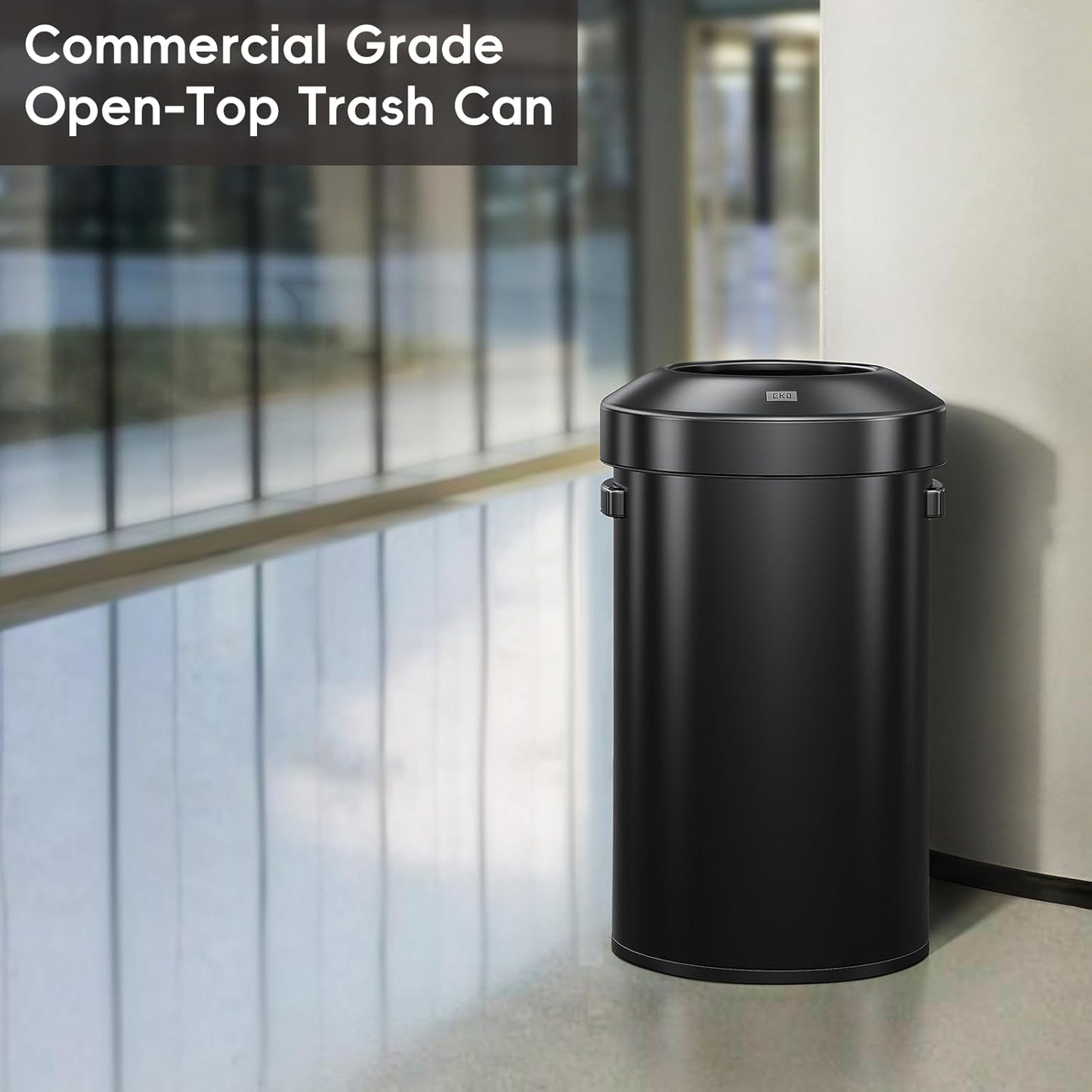 EKO 16-Gallon Round Black Stainless Steel Open Top Trash Can, Large Commercial Waste Bin with Detachable Lid and Carrying Handle, Brushed Metal Garbage Bin for Home, Office, Restaurant, Restroom