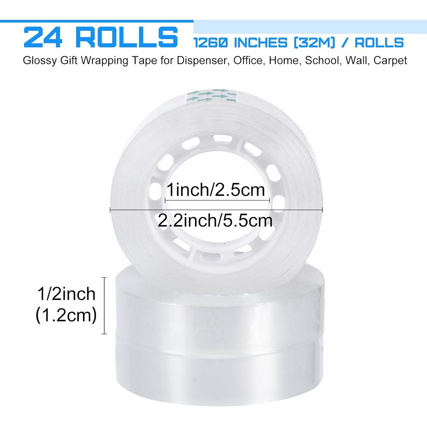 Jetec 24 Rolls Clear Tape Bulk Transparent Invisible Tape Refills 1/2 x 1260 Inches Glossy for Gift Wrapping Dispenser Office School Home Use Gift Wrap Desk Supplies