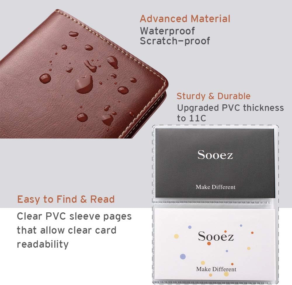 Sooez Leather Professional Business Card Book Holder Organizer, 240 Capacity Credit Card Booklet, PU Name Cards Holder Storage File for Men Women, Brown