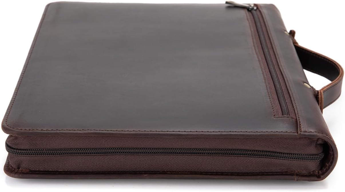 Genuine Leather Portfolio with Hidden Handle, Zippered Front Pocket, Business Padfolio for Men and Women, 8.5 x 11 Legal Pad Notebook Holder, Office Letter Notepad Folio, Dark Brown