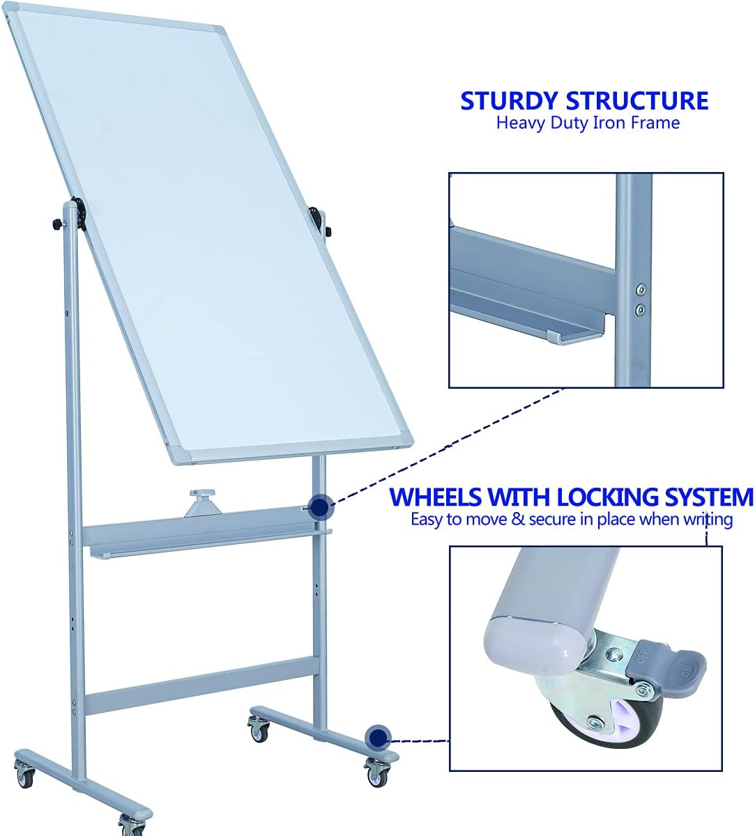 Magnetic Mobile Whiteboard 48x24-in 360° Reversible Two-sided White Board with Wheels, Portable Dry Erase Board Easel with Stand for Office Classroom, Include 6 Dry Erase Markers and 1 Eraser