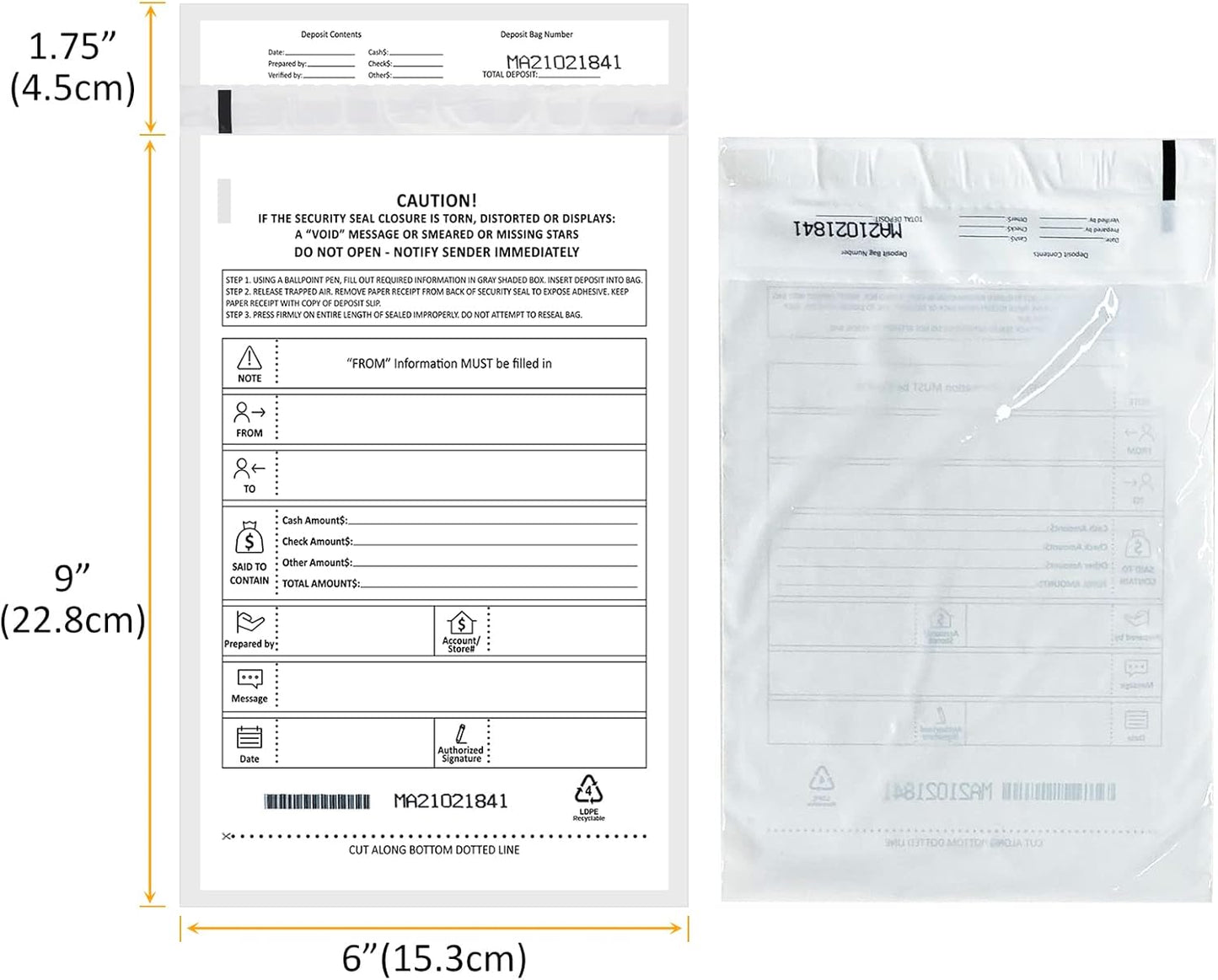 Deposit Bags Security Pocket Bank 6 Inch x 9 Inch (White, 500 Pack)