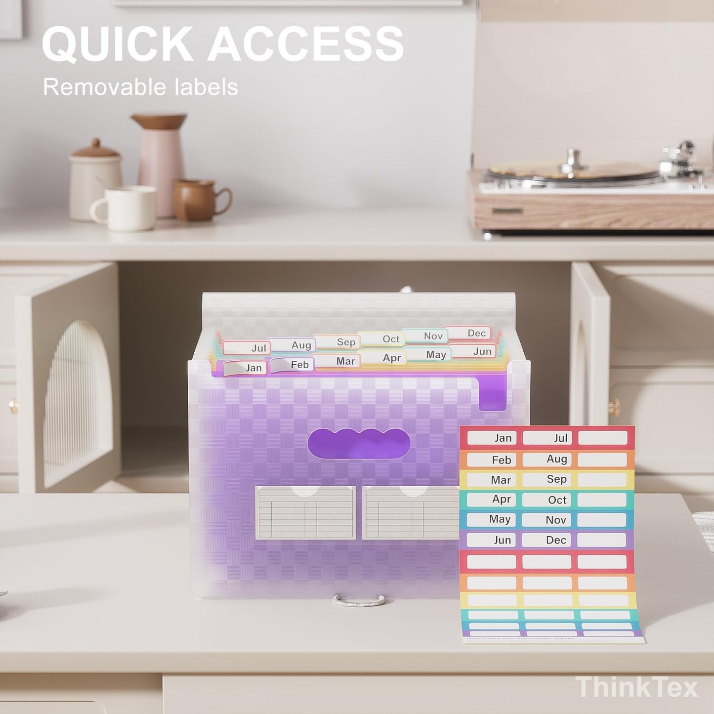 ThinkTex Accordion File Organizer, 12 - Pocket Expanding File Folders for Paper Receipts, Bills&Taxes Organizer, Letter/A4 Size Document Holder for School, Office, Home with Colorful tabs-Purple