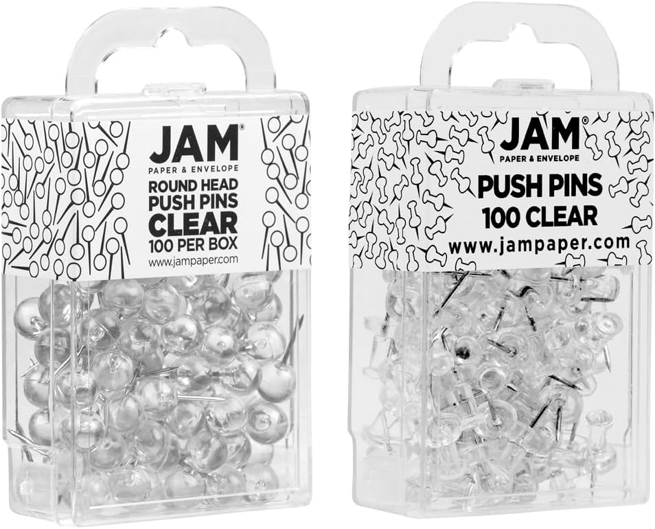 JAM PAPER Colorful Push Pins - Flat & Round Head Thumb Tack Combo Set - Clear Pushpins - 200/Pack