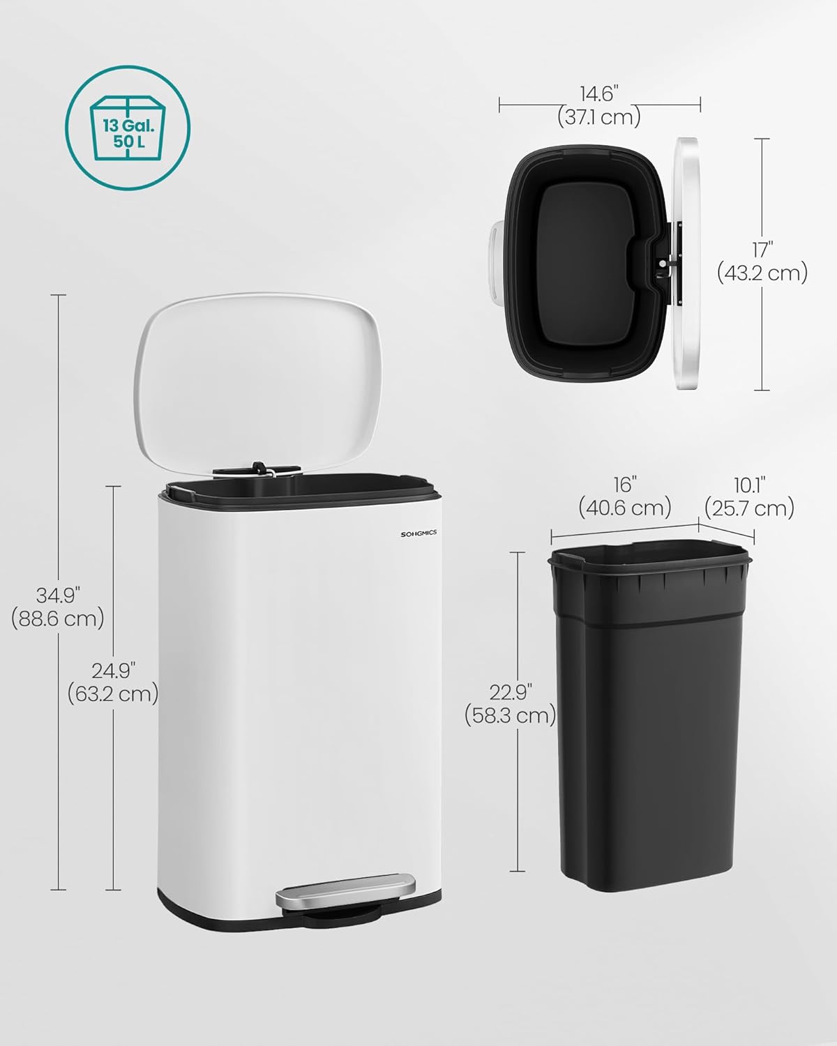 SONGMICS 13 Gallon (50 L) Trash Can, Stainless Steel Kitchen Garbage Can, Recycling or Waste Bin, Soft Close, Step-On Pedal, Removable Inner Bucket, White ULTB050W01